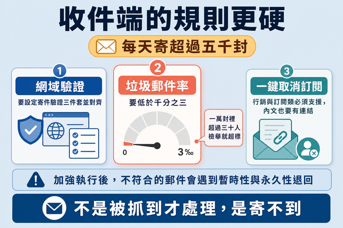上方一條每天寄超過五千封的門檻橫幅,下方三張要求卡片分別是網域驗證、垃圾郵件率與一鍵取消訂閱