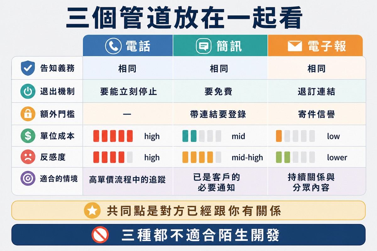三欄六列的對照表,比較三個管道的告知義務、退出機制、額外門檻、成本、反感度與適合情境
