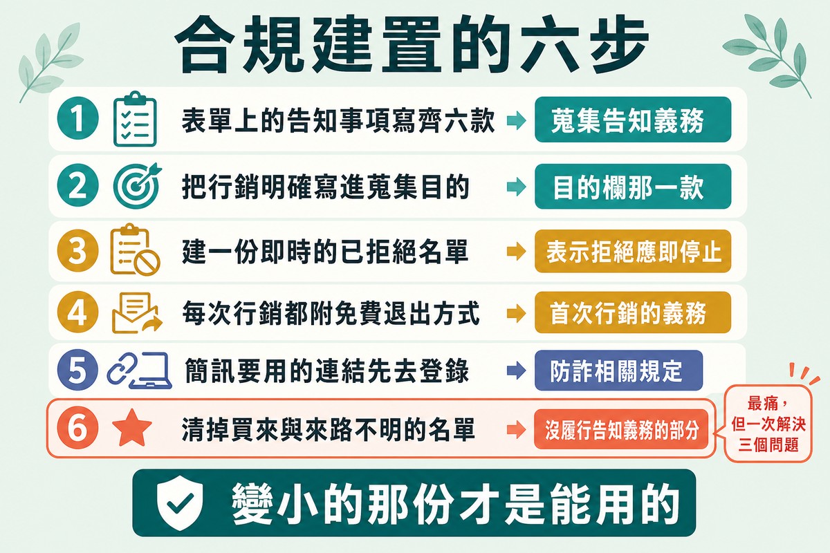 六個編號步驟各對應一項法規來源,最後一步加上星號與一句最痛但一次解決三個問題的註記