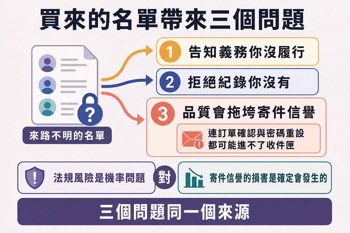 左邊一份來路不明的名單分出三條箭頭,分別是告知義務沒履行、拒絕紀錄沒有、品質拖垮寄件信譽