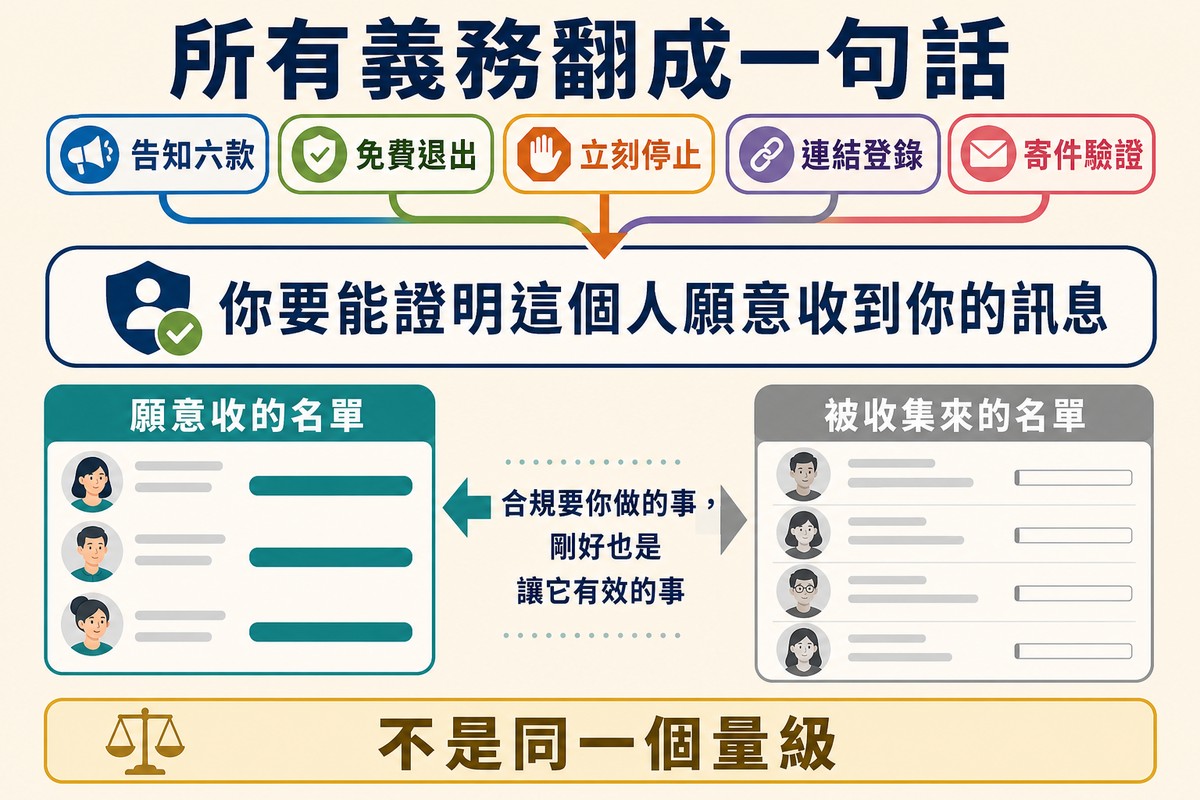 上方一疊義務標籤匯入一張大句子卡片,下方左右兩欄對照願意收的名單與被收集來的名單的回應差異
