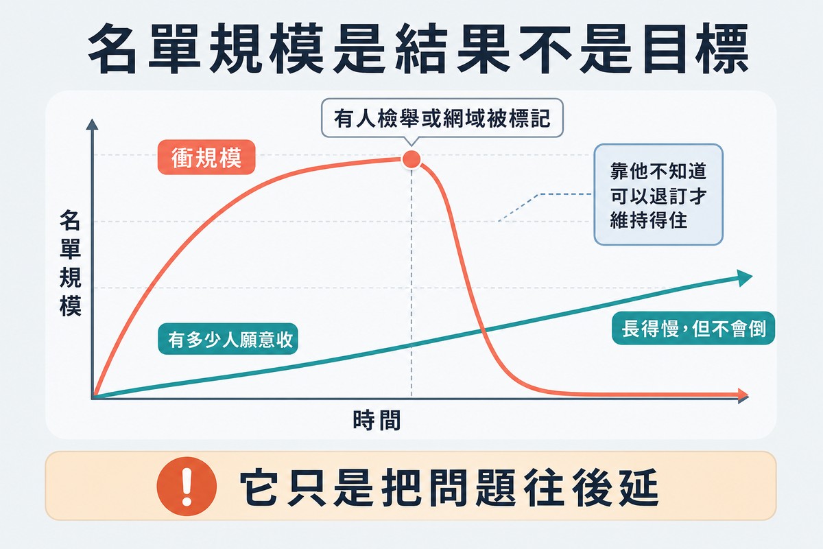 同一條時間軸上兩條名單規模曲線,上面衝規模的在某個事件點崩落,下面願意收的緩慢而穩定地上升