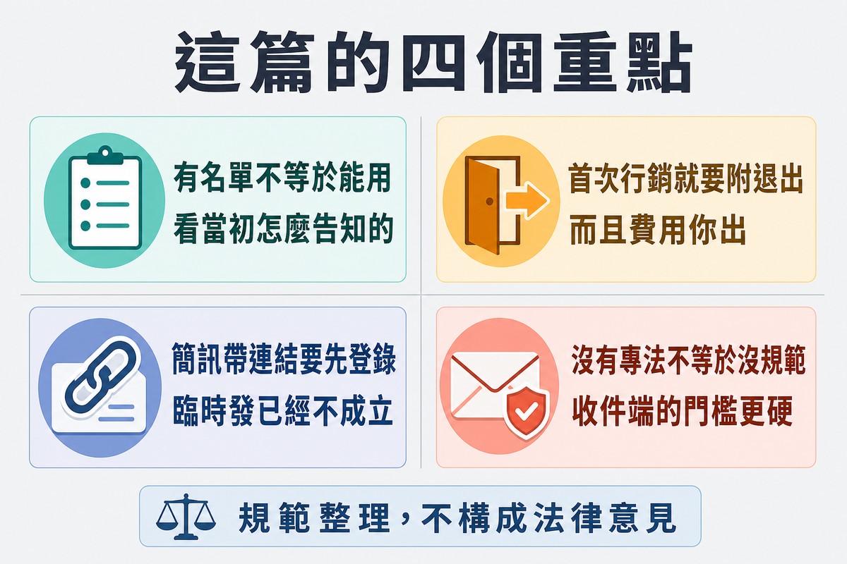 四宮格總結,分別是有名單不等於能用、首次行銷就要附退出、簡訊帶連結要先登錄、沒有專法不等於沒規範