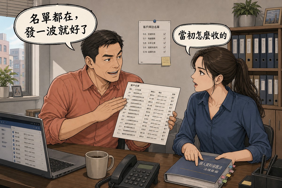 一位業務主管與一位營運主管在辦公室對談,業務拍著客戶名單說「名單都在,發一波就好了」,營運把手指按在法規小冊上反問「當初怎麼收的」
