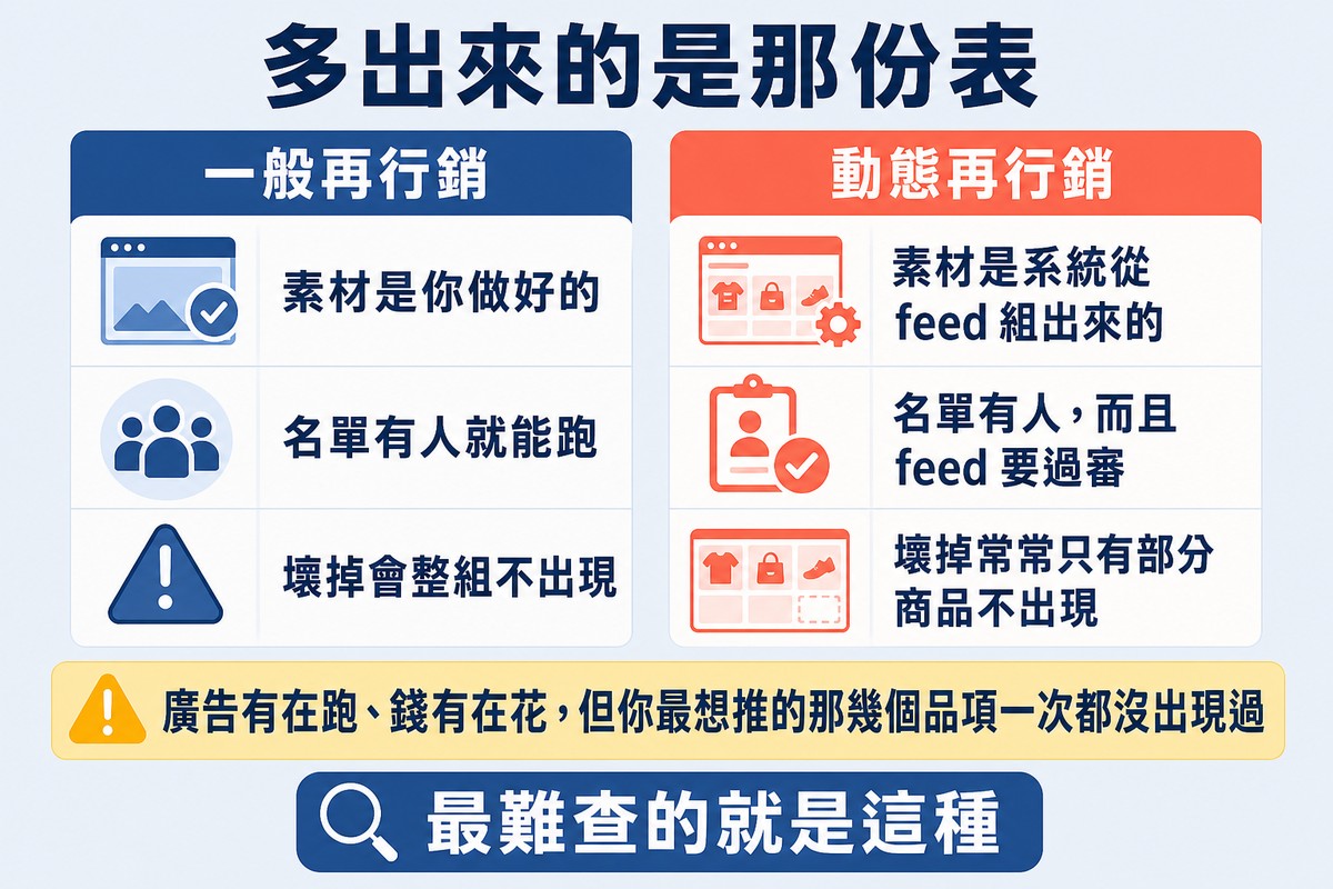 圖上方寫「多出來的是那份表」,左欄一般再行銷三句、右欄動態再行銷三句,最後一列被標亮寫著最想推的品項一次都沒出現過。