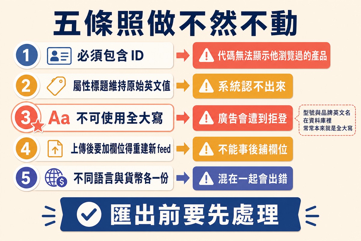 圖上方寫「五條照做不然不動」,五列編號分別是必須包含 ID、屬性標題維持英文、不可全大寫、加欄位要重建、語言貨幣各一份,第三列加了星號。