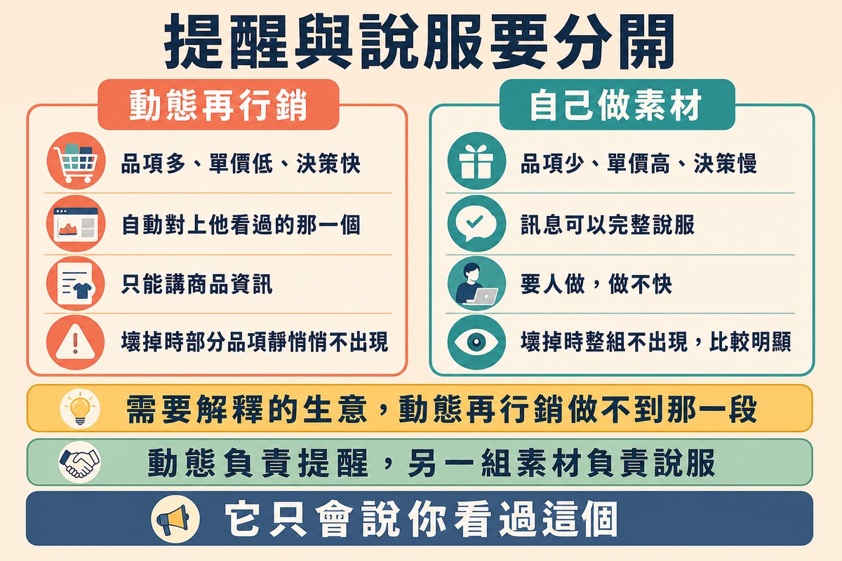 圖上方寫「提醒與說服要分開」,左欄動態再行銷四句、右欄自己做素材四句,下方標註需要解釋的生意動態再行銷做不到那一段。