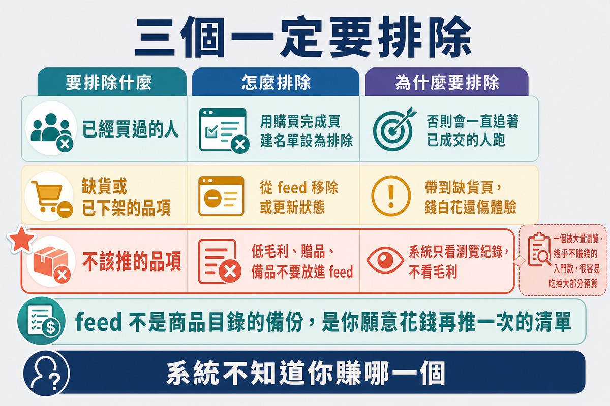 圖上方寫「三個一定要排除」,三列分別是已購買的人、缺貨下架品項、不該推的品項,第三列加了星號並附上原因。