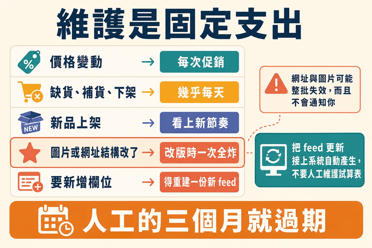 圖上方寫「維護是固定支出」,五列分別是價格變動、缺貨補貨、新品上架、圖片網址改動、新增欄位,各標出頻率,第四列加了星號。