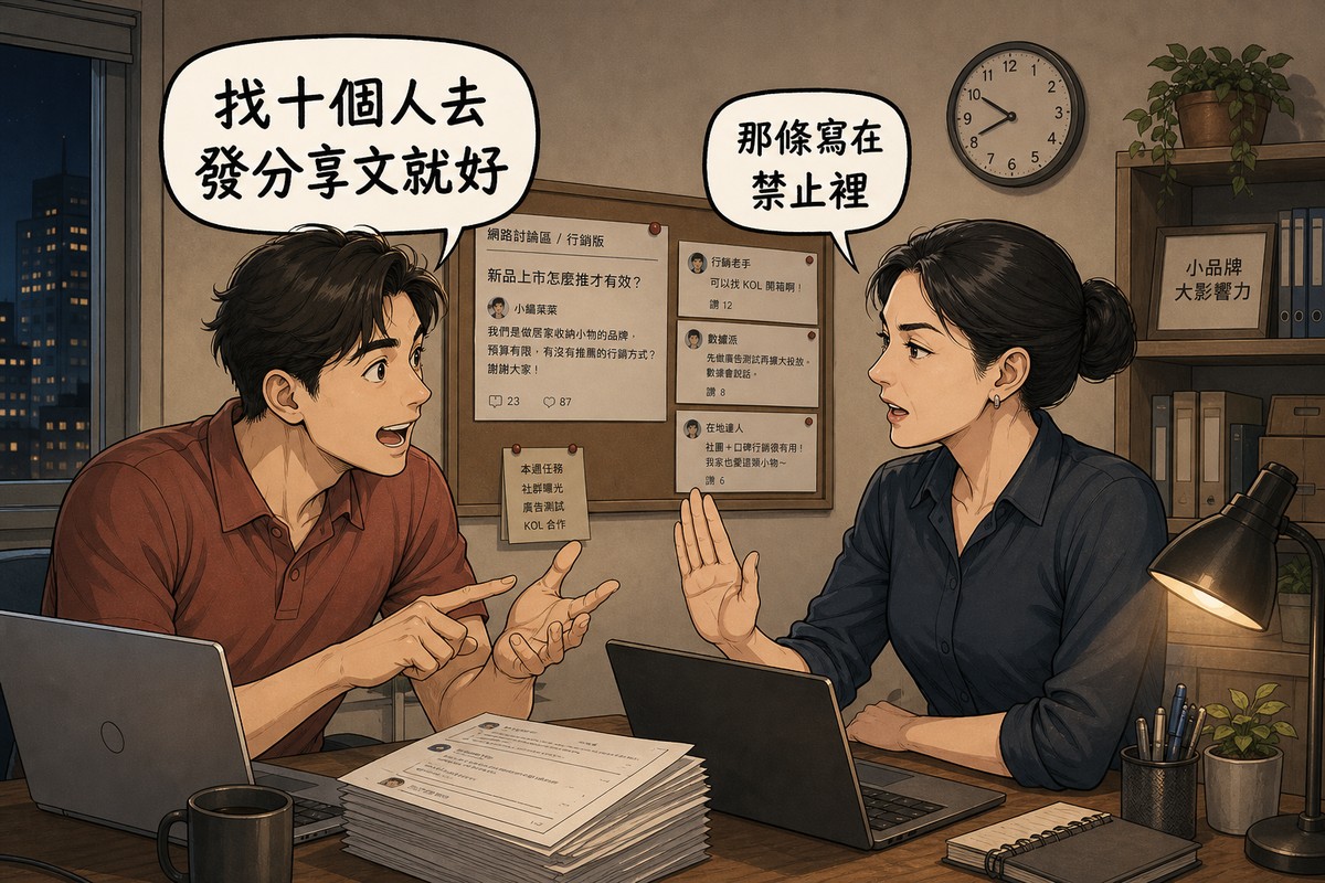 一位品牌負責人與一位行銷顧問在辦公室對談,負責人扳著手指說「找十個人去發分享文就好」,顧問舉起手掌示意暫停並回應「那條寫在禁止裡」