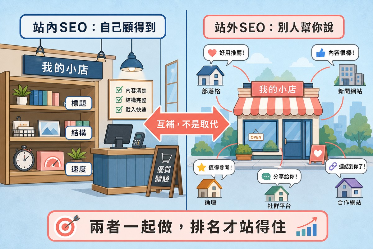 一張圖左半邊畫著店鋪室內，貨架標示標題結構速度代表站內SEO自己顧得到，右半邊畫著店鋪外觀，部落格新聞網站論壇社群平台合作網站等房屋圖示用對話框連向店鋪代表站外SEO別人幫你說，中間有雙向箭頭寫著互補不是取代