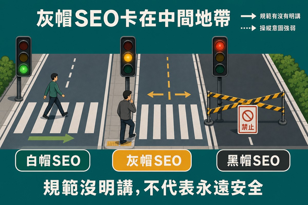 三個紅綠燈路口並排，左邊綠燈行人正常通過標示白帽SEO，中間黃燈行人猶豫觀望標示灰帽SEO，右邊紅燈路障封鎖標示黑帽SEO