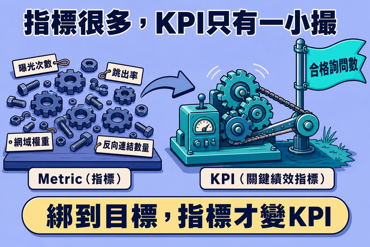 左側桌上散落著貼有曝光次數、跳出率、網域權重、反向連結數量標籤的齒輪螺絲零件,一支箭頭指向右側已經組裝好、連接著寫有合格詢問數旗幟的運轉中機器
