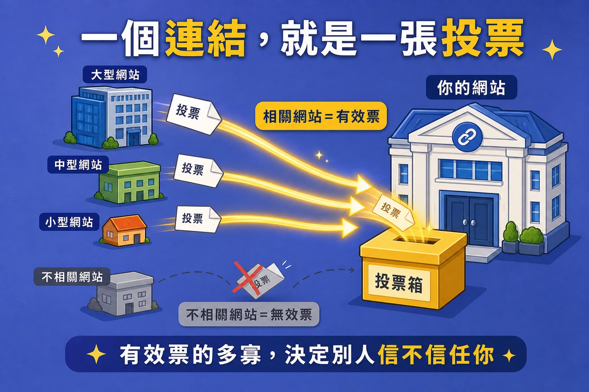 一張圖畫著大型網站中型網站小型網站三棟建築物各自投出投票單飛向代表你的網站的建築物前的投票箱標示相關網站等於有效票，另一棟不相關網站的投票單被打叉退回標示不相關網站等於無效票