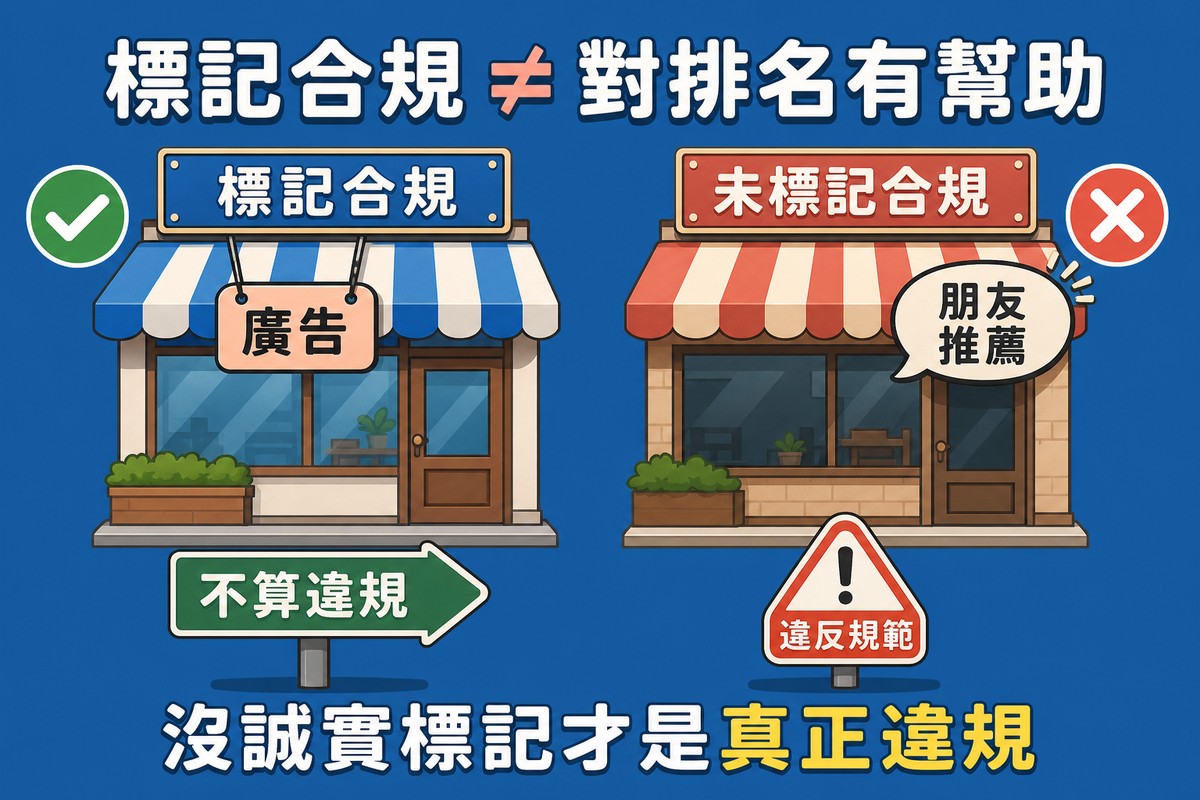 兩間店面招牌對比，左邊誠實掛著廣告標籤並打勾合規，右邊偽裝成朋友推薦未標記並打叉警示