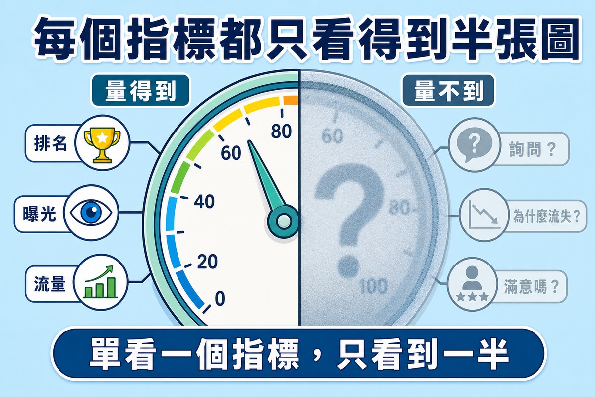 一個圓形儀表左半邊清楚顯示排名、曝光、流量三個圖示與指針數字,右半邊變成霧狀灰色只浮現一個大問號,代表這個指標量得到跟量不到的部分