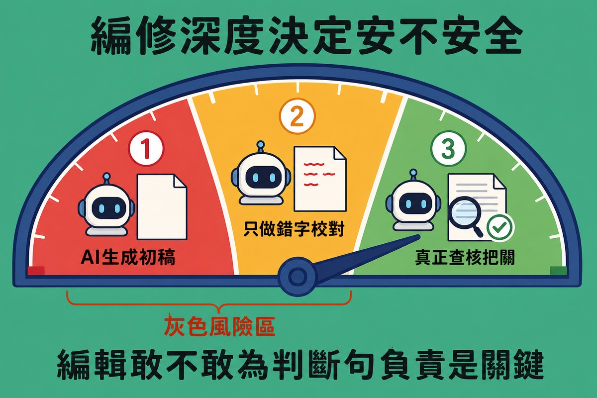 半圓形儀表板分成三區指針指向中間，左邊紅區顯示AI生成初稿機器人與空白紙張，中間橘區顯示只做錯字校對，右邊綠區顯示真正查核把關附放大鏡與勾選