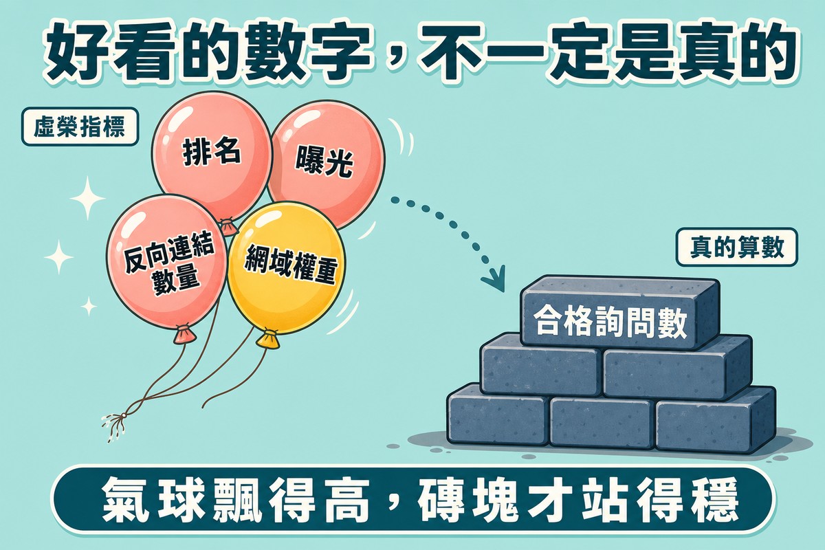 左上方漂浮著四顆貼有排名、曝光、反向連結數量、網域權重標籤的珊瑚色與黃色氣球,右下方地面上疊著一小座貼有合格詢問數標籤的沉穩磚塊