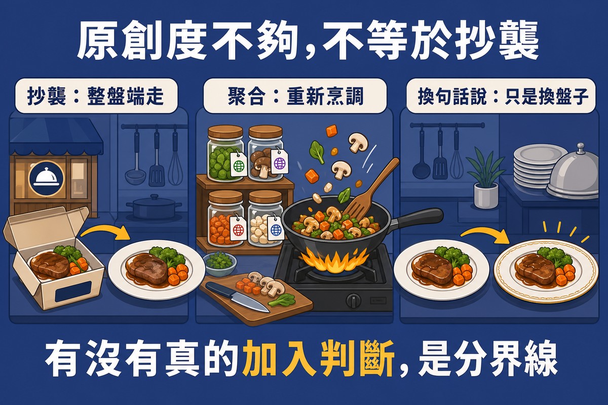 三格廚房場景並排，左邊廚師直接把外送盒的餐點端到盤子上代表抄襲，中間廚師拿多罐食材下鍋重新烹調代表聚合，右邊廚師只是把餐點換到精美盤子代表換句話說