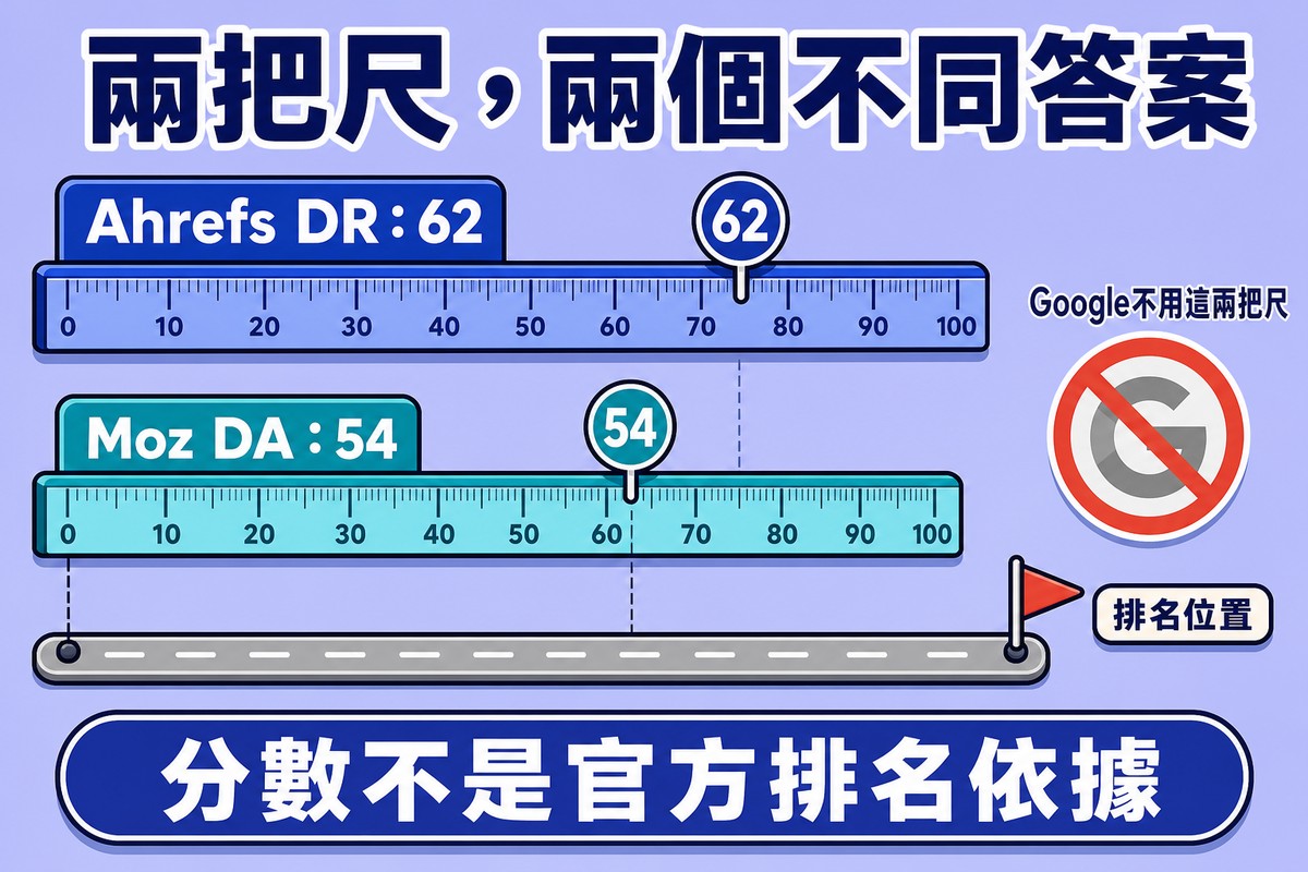 同一段代表排名位置的道路上方,兩把不同顏色的尺分別測量出Ahrefs DR 62分與Moz DA 54分兩個不同數字,旁邊有一個打叉的Google標誌表示官方不採用這兩把尺