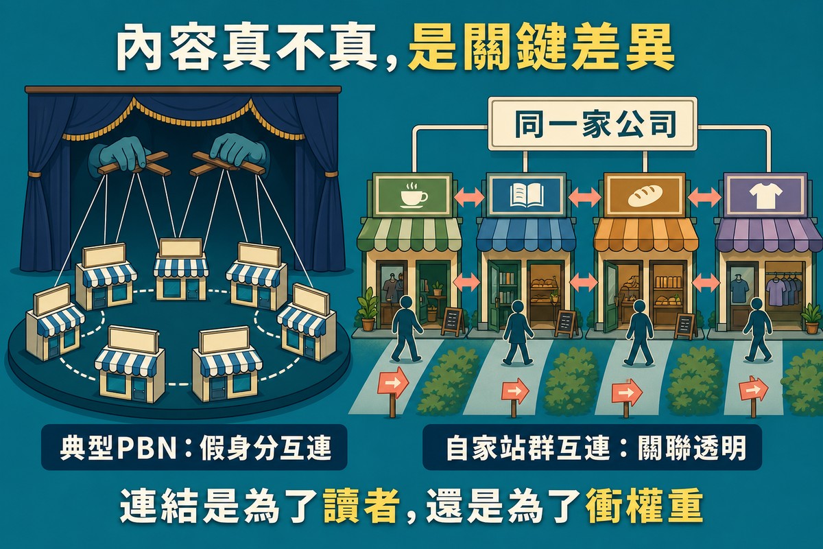 左邊木偶劇院場景一雙手用細線操控多間空白招牌店面圍成一圈互連代表典型PBN，右邊多間不同招牌店面在同一家公司招牌下有行人往來方向指示代表自家站群互連