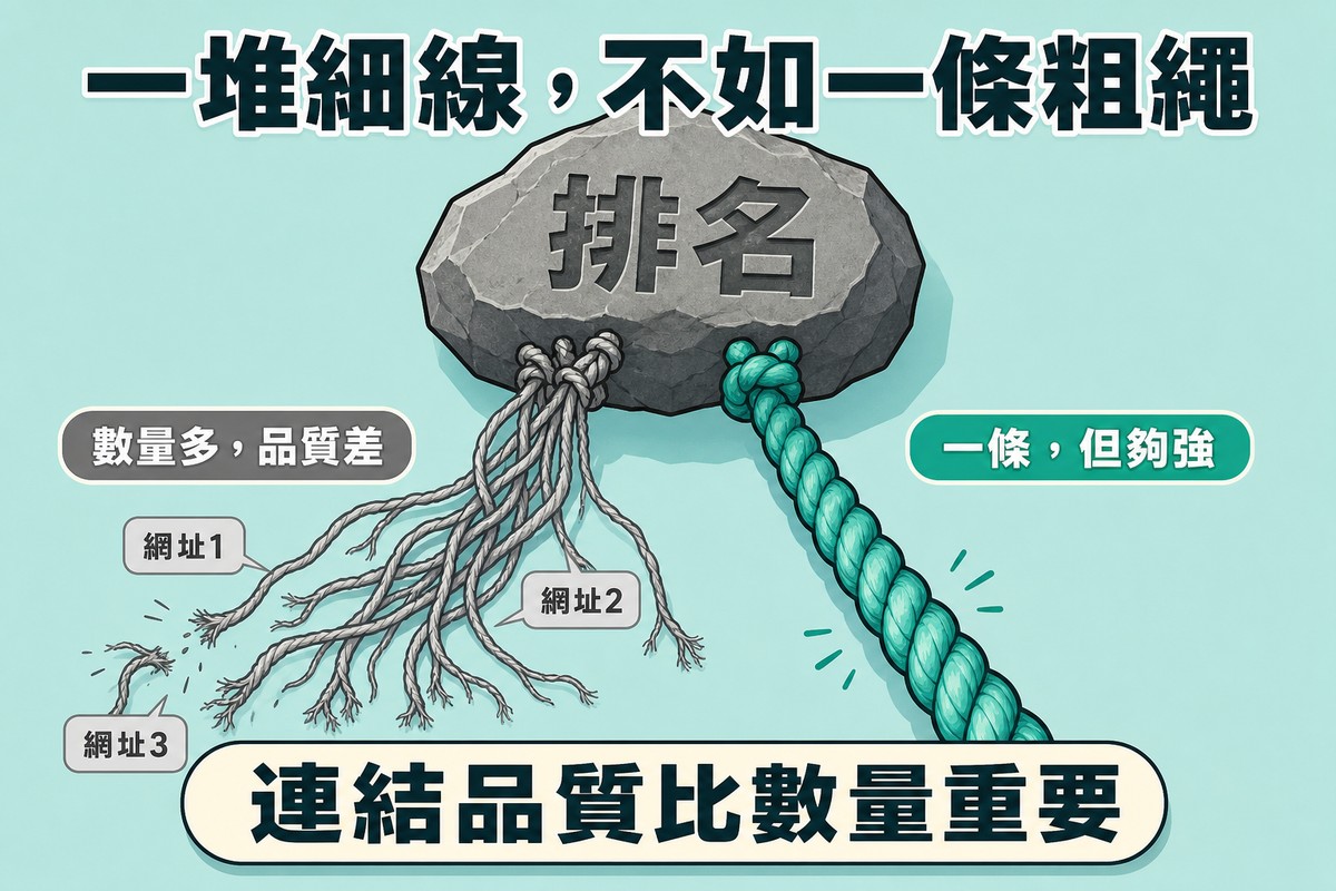 一塊刻著排名兩字的巨石,左側被許多標示網址1網址2網址3、正在斷裂的灰色細線拉著,右側被一條粗壯的青綠色繩索穩穩拉著