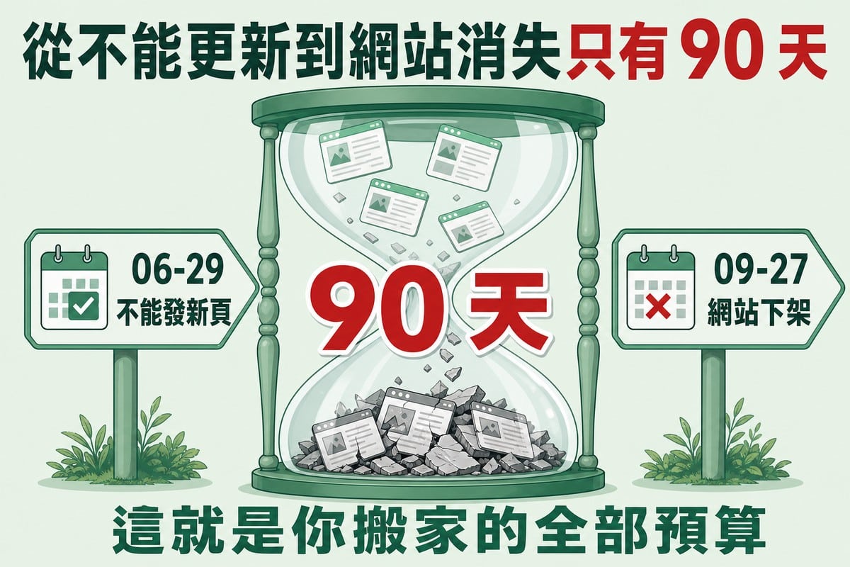 一個大沙漏，上半部還有網站頁面在掉落、下半部堆積成灰色瓦礫，沙漏腰部寫著大大的「90 天」；左右各一根里程碑，分別標 06-29 不能發新頁、09-27 網站下架。