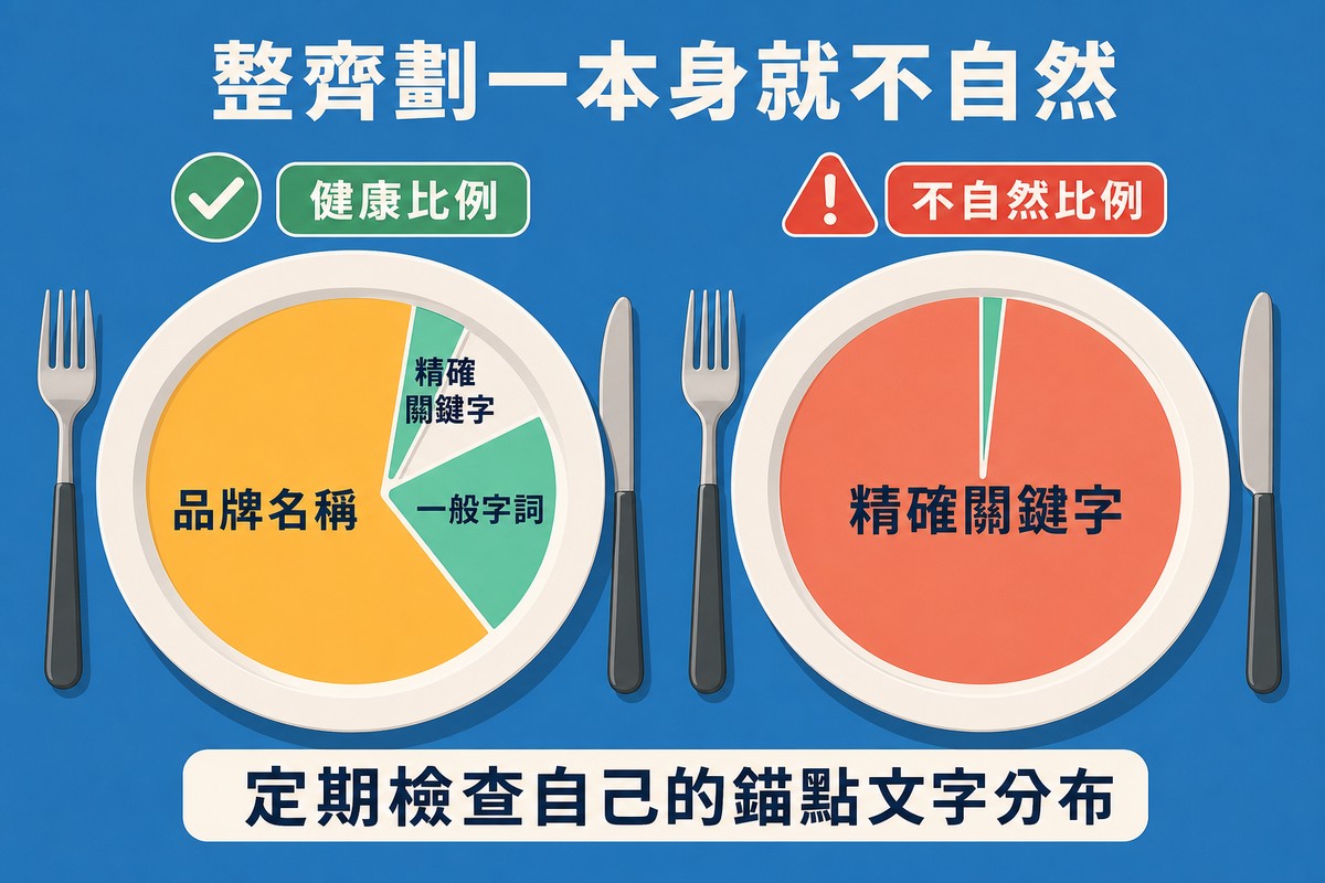 兩個餐盤俯視圖並排，左邊餐盤大部分是品牌名稱切片加少量一般字詞與精確關鍵字切片代表健康比例，右邊餐盤幾乎全部被精確關鍵字切片佔滿代表不自然比例