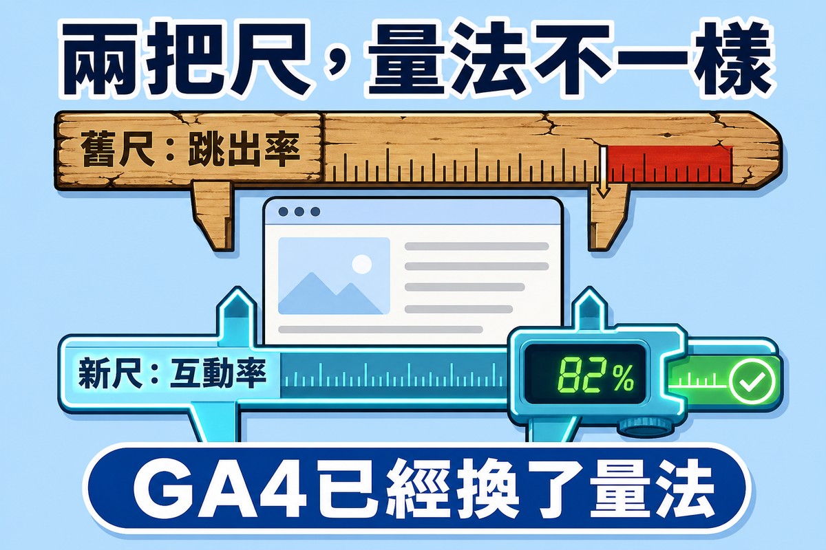 中間一張網頁卡片,上方一把老舊木尺標示舊尺跳出率、量出紅色不及格區域,下方一把發光的現代數位測量工具標示新尺互動率、量出綠色及格區域