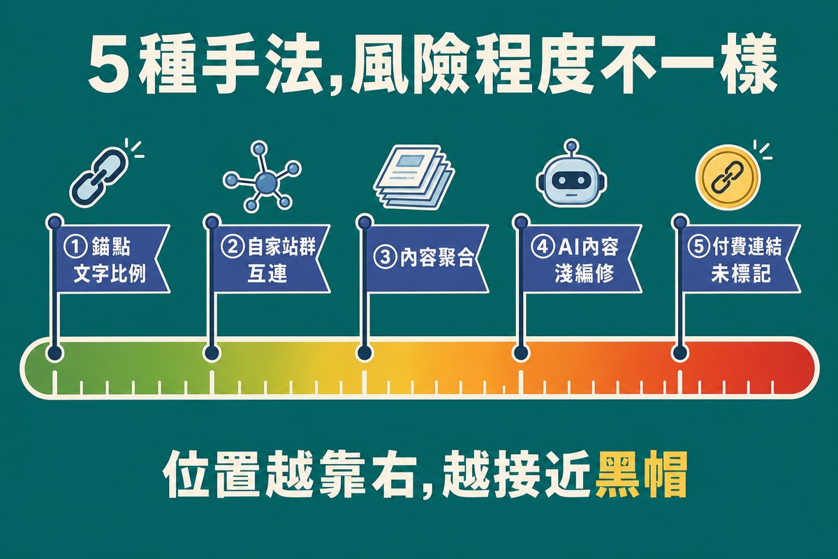 一條由綠到紅的風險溫度計橫幅上插著五支旗子，由左至右分別標示錨點文字比例、自家站群互連、內容聚合、AI內容淺編修、付費連結未標記，越靠右風險越高