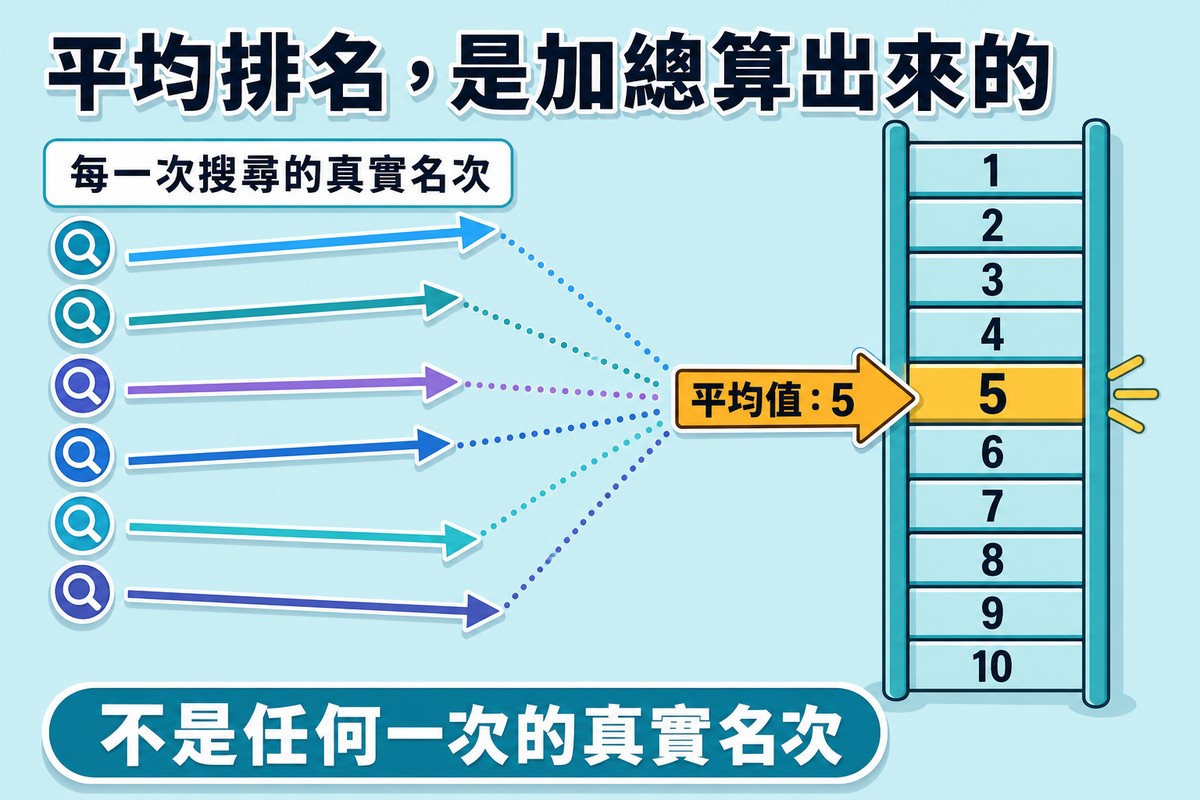 左側六支不同顏色、不同角度的箭頭代表每一次搜尋的真實名次,全部用虛線匯聚到中間、指向右側排名階梯上標示平均值5的那一格