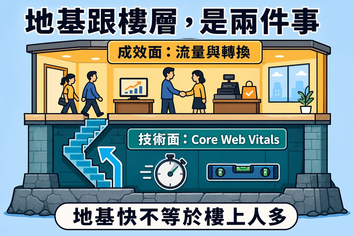 一棟建築物剖面圖,地下的深色地基層標示技術面Core Web Vitals並畫著碼表與水平儀,樓上明亮的樓層標示成效面流量與轉換並畫著握手成交與長條圖,兩層之間有樓梯連接