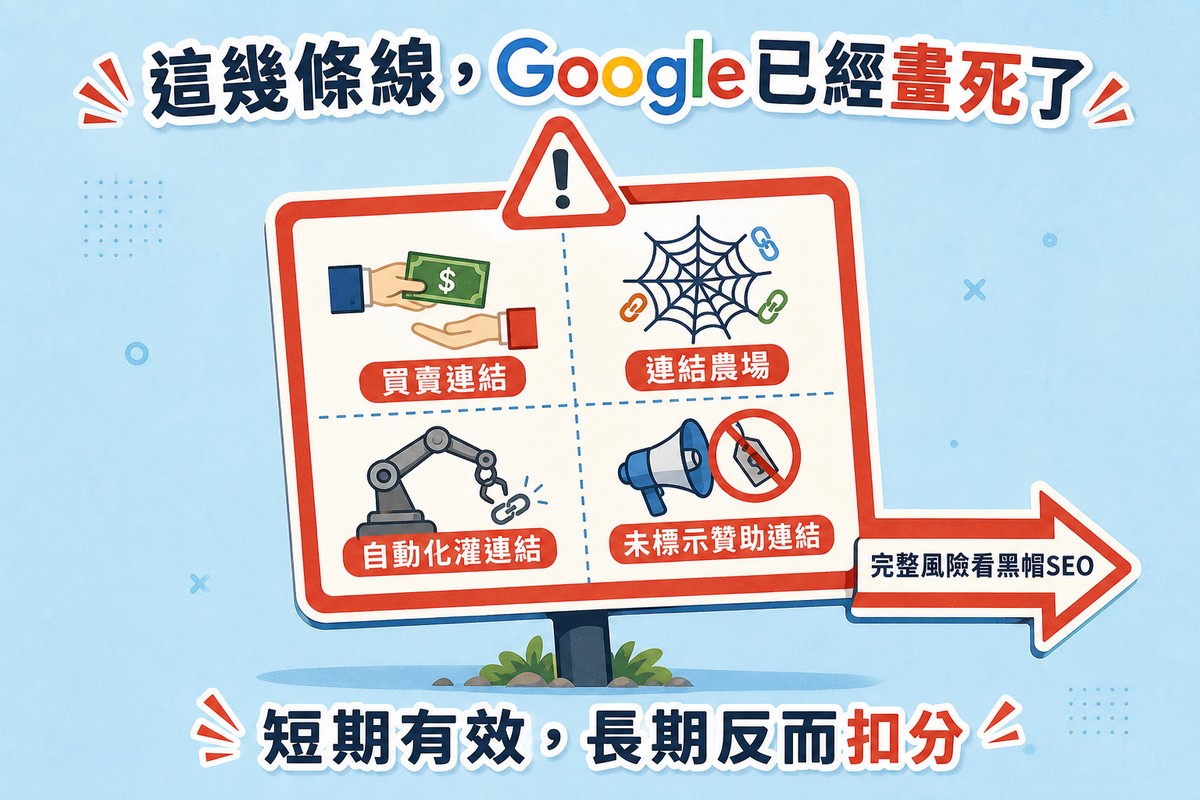 一張圖畫著一面警告標示牌，牌面分四格分別是金錢交換圖示買賣連結、蜘蛛網狀連結圖示連結農場、機械手臂圖示自動化灌連結、被禁止的擴音器圖示未標示贊助連結，牌子下方箭頭指向完整風險看黑帽SEO