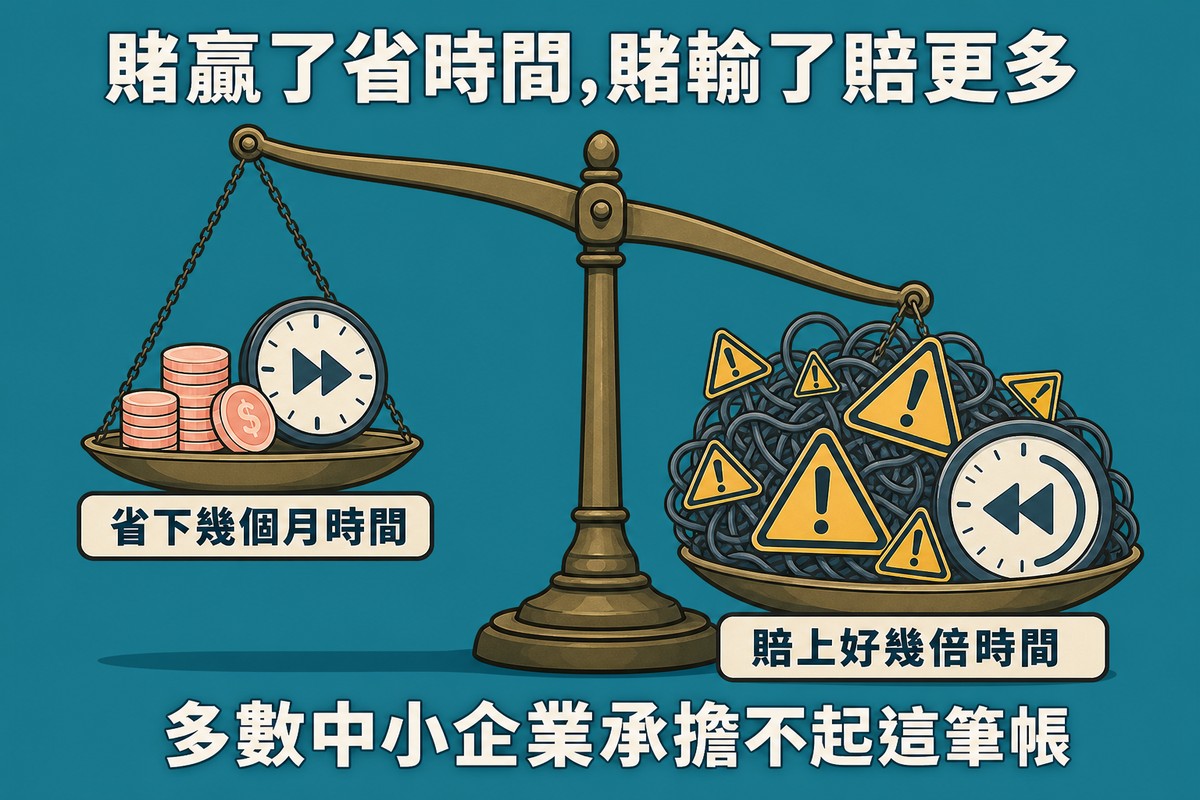 一座天平明顯向右傾斜，左邊秤盤放著硬幣與快轉時鐘代表省下幾個月時間，右邊秤盤放著大量警告標誌與倒轉時鐘代表賠上好幾倍時間