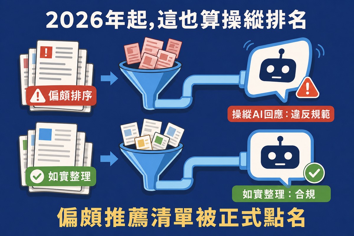 兩條漏斗管線並排，上方漏斗匯入偏頗排序文件流向AI機器人對話框顯示警告代表操縱AI回應違反規範，下方漏斗匯入如實整理文件流向AI機器人對話框顯示勾選代表合規