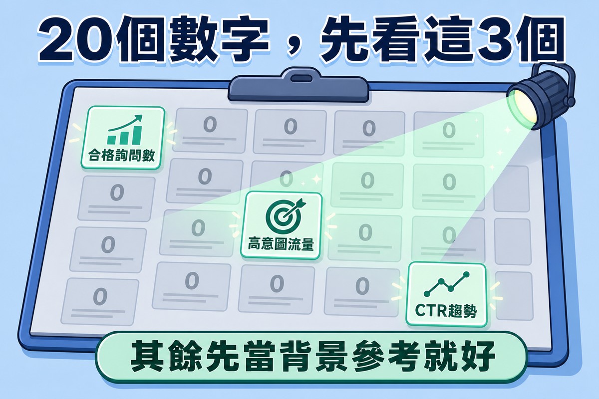 一份寫滿約二十個灰色數字方格的報表,一道從右上角射下的探照燈只打亮其中三格,分別標示合格詢問數、高意圖流量、CTR趨勢,其餘方格維持昏暗