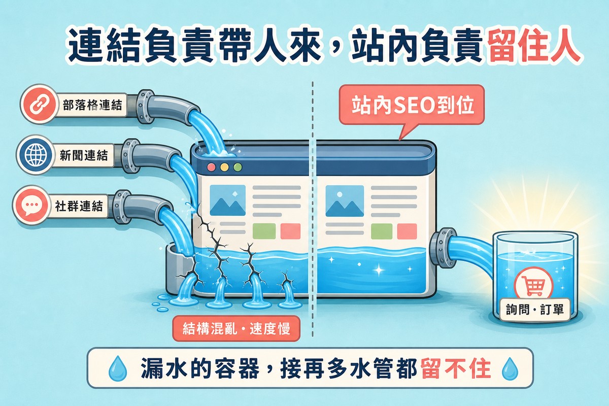 一張圖畫著部落格連結新聞連結社群連結三條水管把水灌進中央網頁容器，容器左半邊有裂縫在漏水標示結構混亂速度慢，右半邊完好把水送進標示站內SEO到位的字樣，最後流進右側標示詢問訂單的杯子