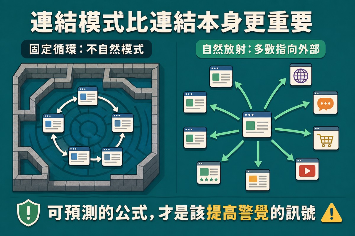 左邊迷宮牆內幾個網頁圖示只用箭頭固定循環互連代表不自然模式，右邊一個中央網頁圖示向外放射連向多個不同外部網站圖示代表自然放射多數指向外部