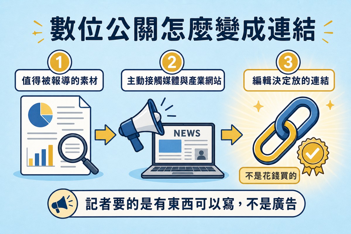一張圖三步驟橫向流程，第一步資料圖表圖示標示值得被報導的素材，箭頭指向第二步擴音器與新聞筆電圖示標示主動接觸媒體與產業網站，箭頭指向第三步發光鏈條加認證徽章圖示標示編輯決定放的連結並附註不是花錢買的