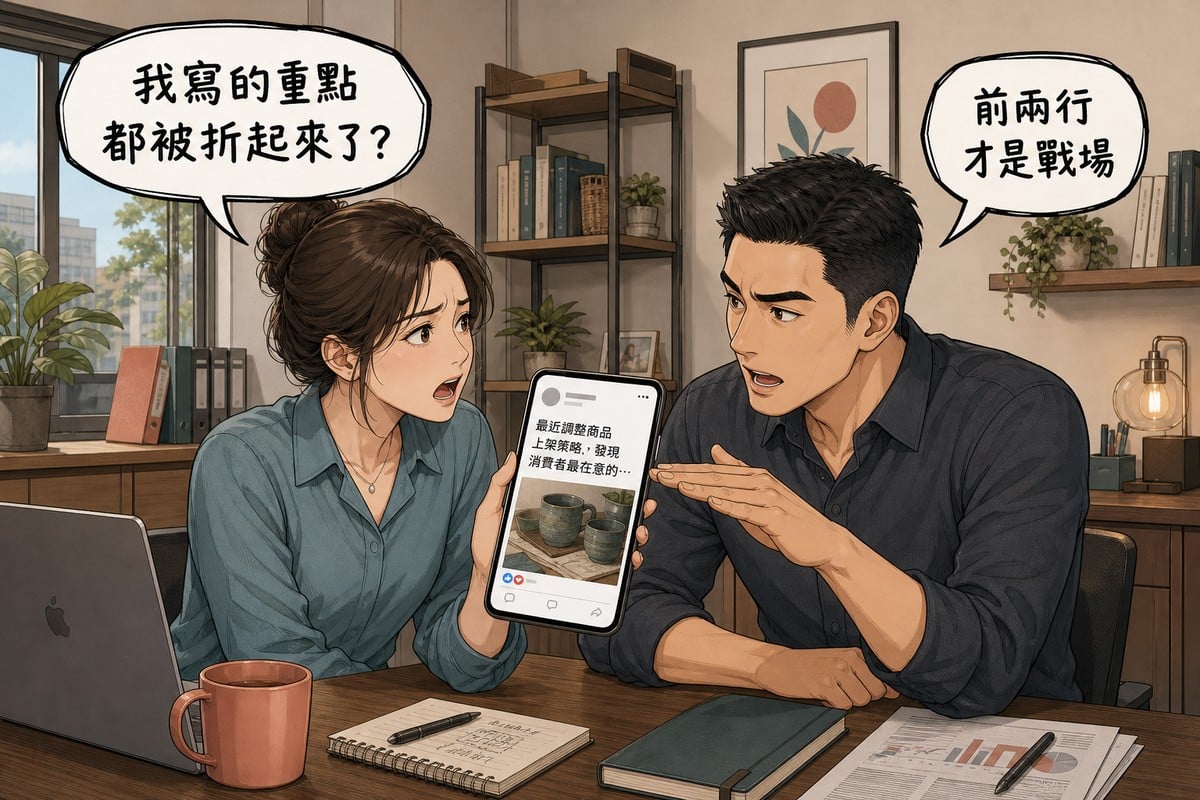 一男一女在辦公室隔桌對談，女性舉起手機顯示一則被「…」截斷的貼文，左上氣泡寫「我寫的重點都被折起來了？」，右上氣泡寫「前兩行才是戰場」