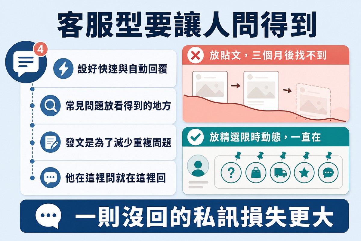 左邊訊息收件匣配四條做法,右邊對照貼文會被往下推與精選限時動態一直在的差別