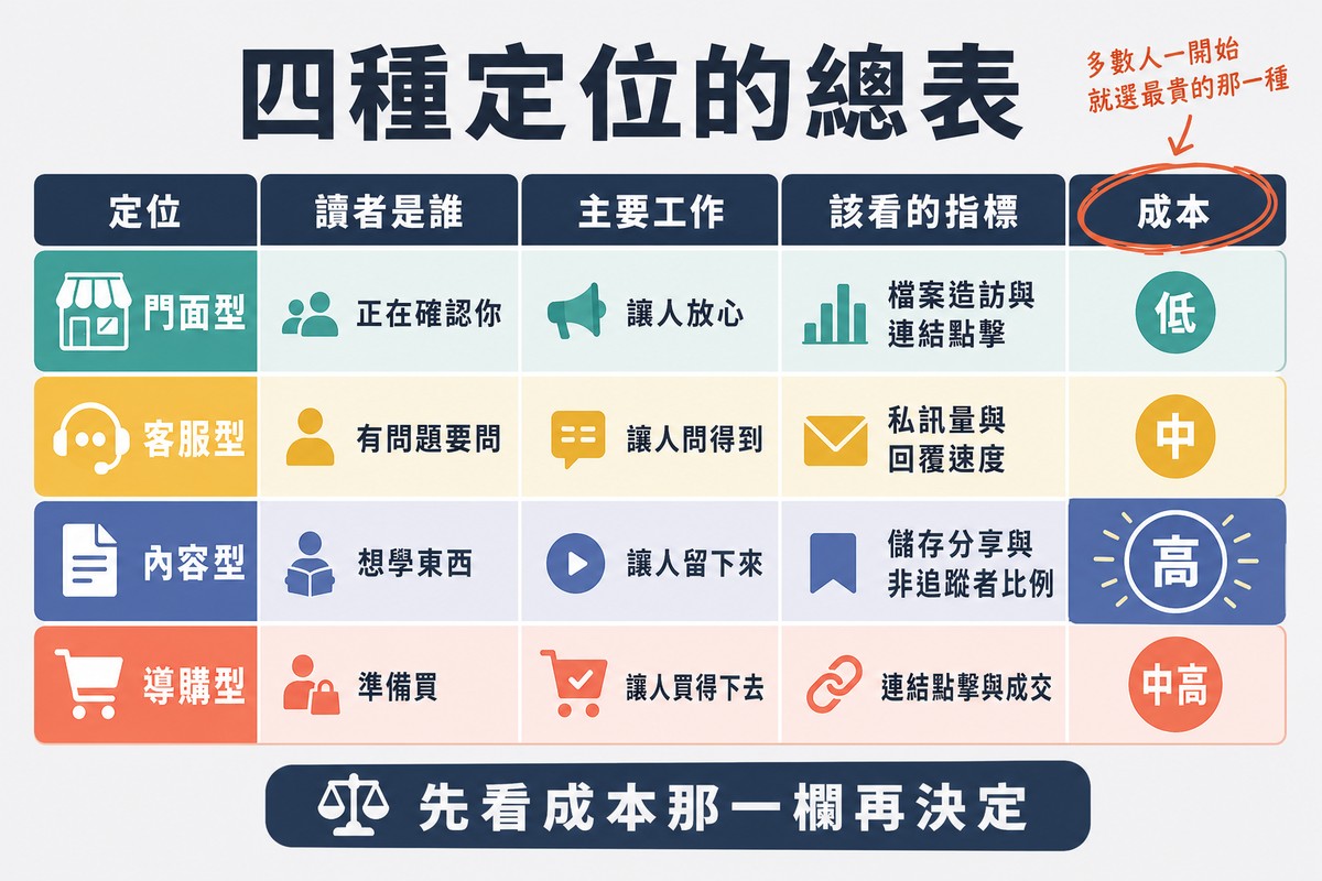 四列定位各配讀者、主要工作、該看的指標與成本四欄,成本欄被圈起並註記多數人一開始就選最貴的