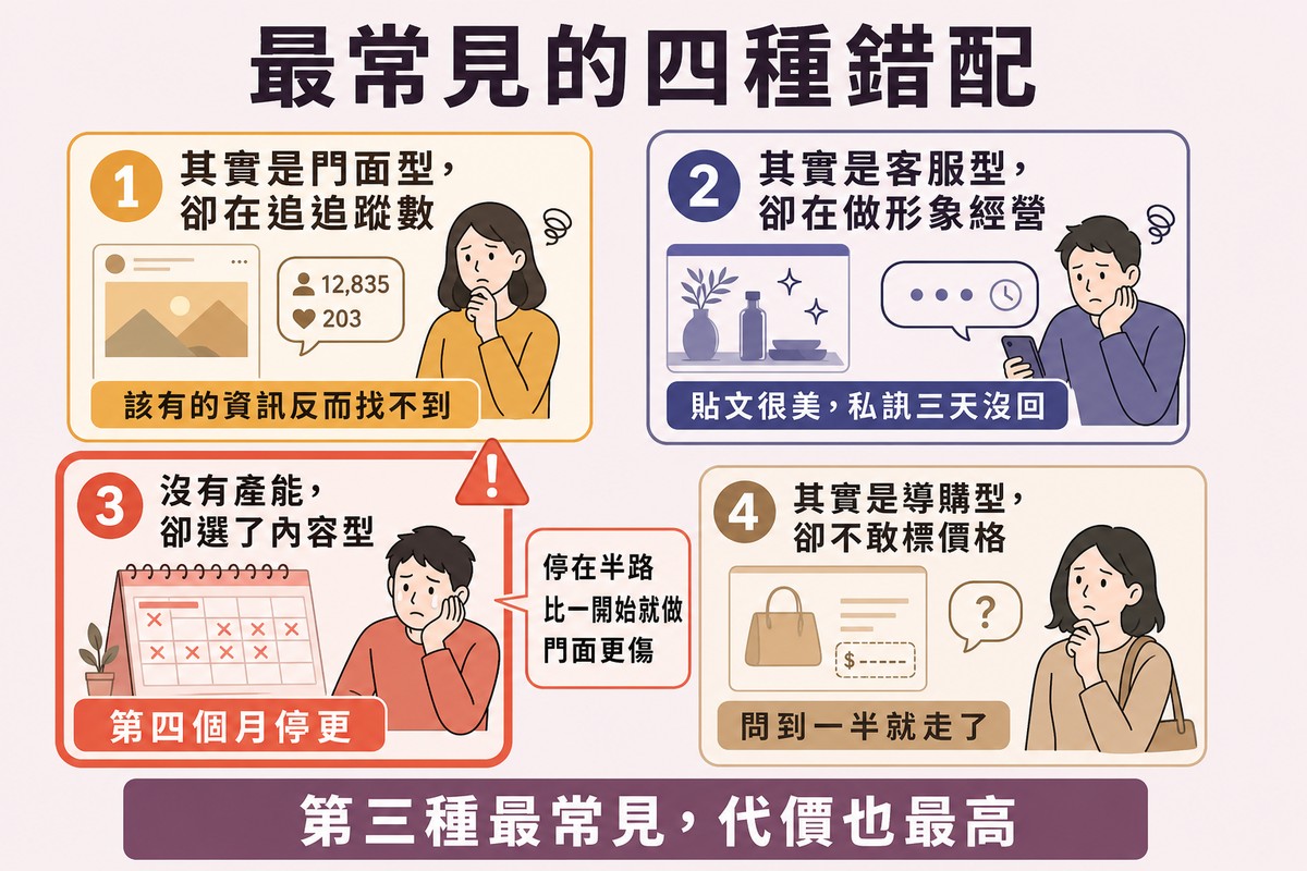 四張錯配卡片各配一個症狀,沒有產能卻選內容型那張以較重框線與警示標記標出