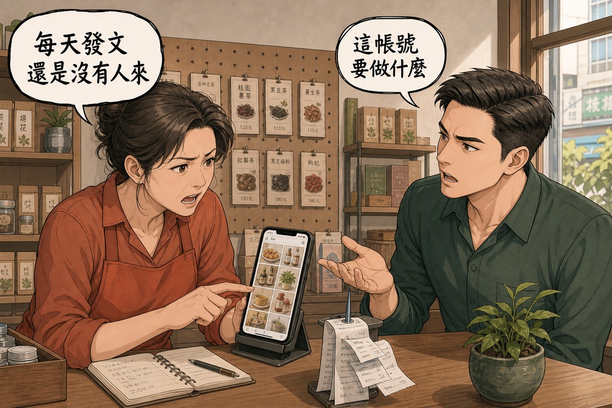一位店家老闆與一位社群顧問在櫃檯邊對談,老闆滑著手機說「每天發文還是沒有人來」,顧問攤開手反問「這帳號要做什麼」
