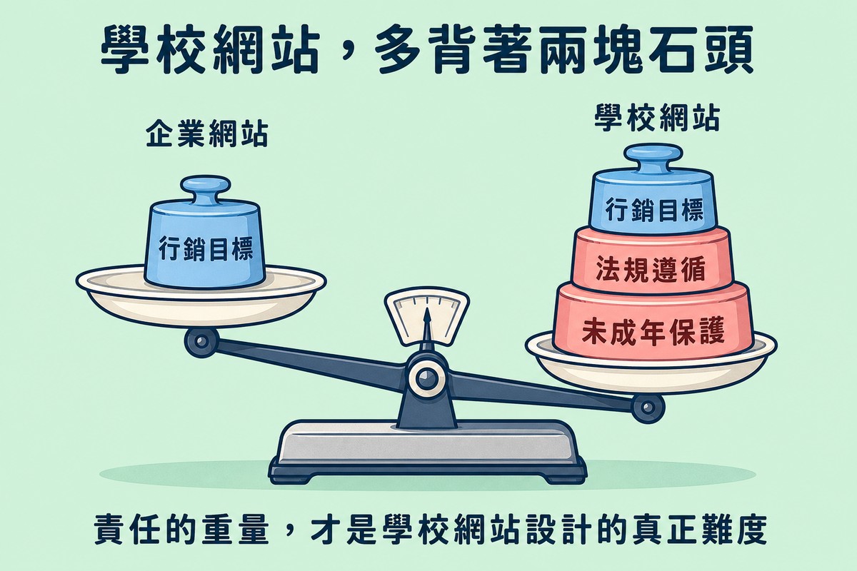 雙盤天秤對照圖,左邊企業網站秤盤只放行銷目標一個砝碼,右邊學校網站秤盤疊了行銷目標、法規遵循、未成年保護三個砝碼,右邊明顯更重