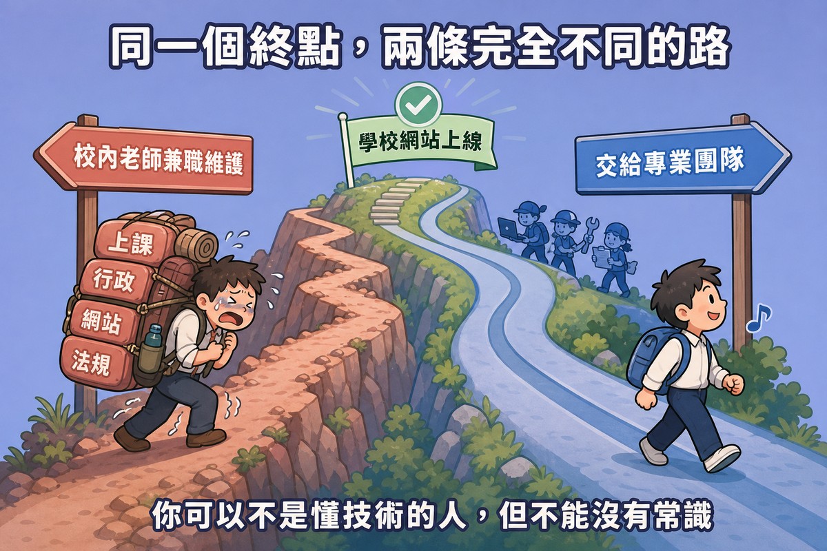山徑岔路圖,左岔路窄陡通往校內老師兼職維護、角色背著上課行政網站法規四個包裹步伐吃力,右岔路寬緩通往交給專業團隊、角色輕裝有團隊協助,兩路皆通往學校網站上線終點