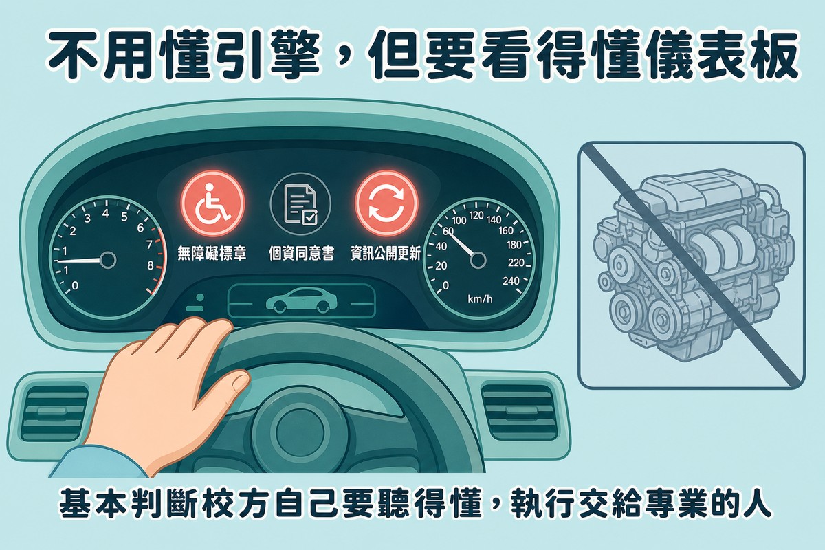 汽車儀表板特寫圖,中央亮著無障礙標章、個資同意書、資訊公開更新三個警示燈號,手輕鬆放在方向盤上,旁邊一個被劃掉的引擎剖面圖代表不需要懂的部分