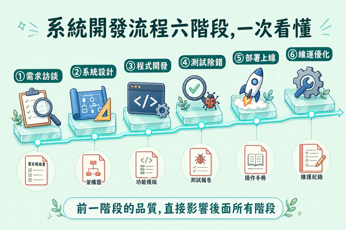 六個玻璃平台排成上升階梯狀的時間軸,依序標示需求訪談、系統設計、程式開發、測試除錯、部署上線、維運優化六階段圖示與對應產出物