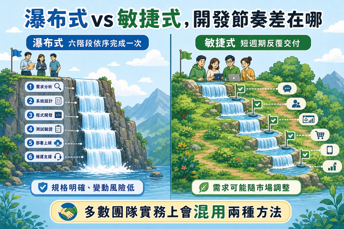 左右兩個對比面板,左邊藍色單一長瀑布代表瀑布式開發依序完成一次,右邊綠色階梯狀多段短瀑布、每段落地都插著小旗代表敏捷式開發短週期反覆交付