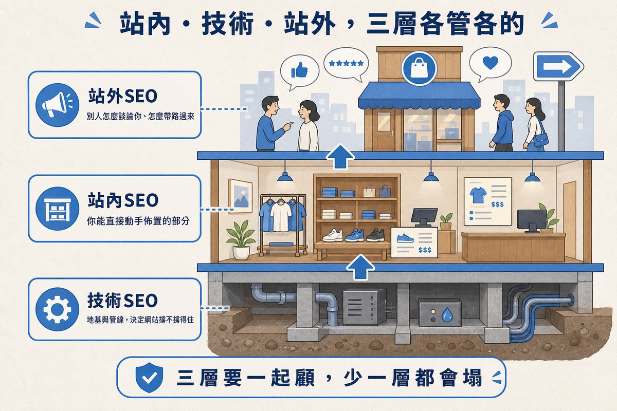 一間店面剖面圖分三層，最底層是地基與水電管線代表技術SEO，中層是店內陳列與商品說明卡代表站內SEO，最上層是招牌與路人對話泡泡代表站外SEO